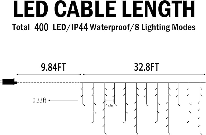 Hezbjiti Outdoor Christmas Lights, 400LED 33FT LED Fairy String Lights with 8 Modes and 75 Drops for Eaves, Party, Yard, Garden Decor