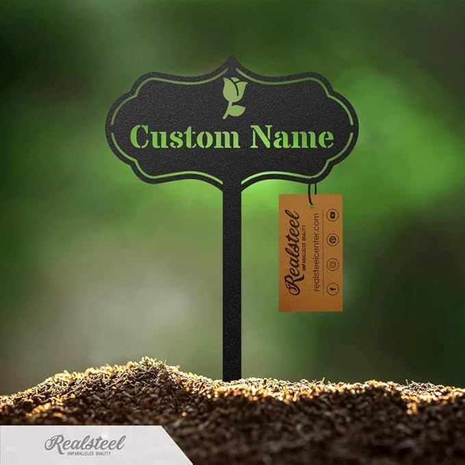 RealSteel โ Customizable Seed & Plant Markers - Outdoor Herb Garden Stakes - Elegant Fruit/Vegetable Labels - Steel Plant Tags for Pots - Classy Design for Farmhouse/Greenhouse โ Rose Icon