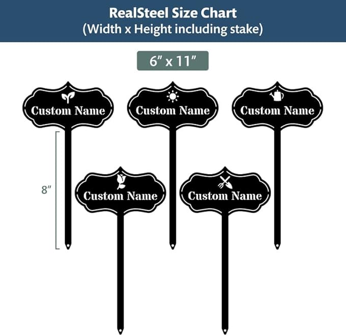 RealSteel โ Customizable Seed & Plant Markers - Outdoor Herb Garden Stakes - Elegant Fruit/Vegetable Labels - Steel Plant Tags for Pots - Classy Design for Farmhouse/Greenhouse โ Rose Icon