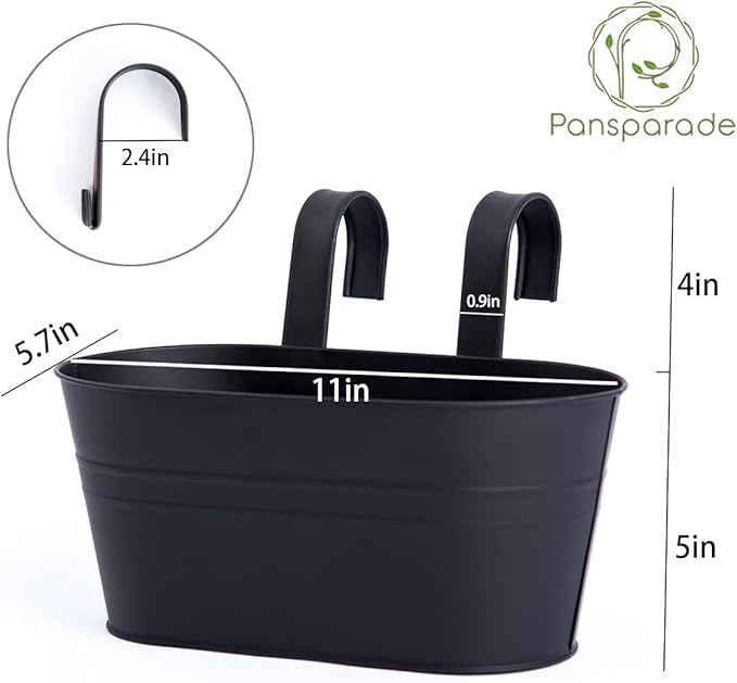 3 Pack Metal Hanging Flower Pots for Railing Fence,Outdoor Balcony Rail Planter with Detachable Hooks Drainage Holes for Deck Garden Home Decor Black