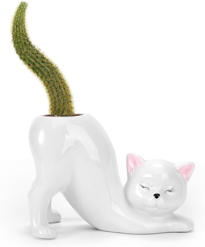 TOIVO Unique Cat Planter Pot,Indoor and Outdoor Plant Displays,Funny Ceramics Cat Flower Pot,Cat Gifts for Cat Lovers,Lovely Office Desk Room Home Decor (White, Small)