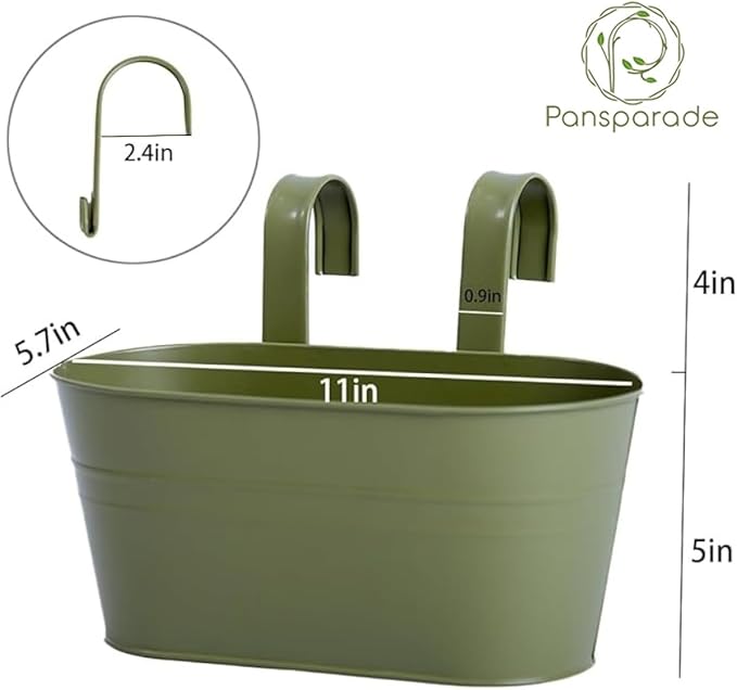 3 Pack Metal Hanging Flower Pots for Railing Fence,Outdoor Balcony Rail Planter with Detachable Hooks Drainage Holes for Deck Garden Home Decor Green