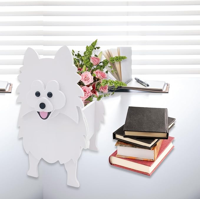 White Pomeranian Dog Planter Plant Pots,Cute Garden Dog Flower Planter,Dog Planters Birthday Gifts for Women,Office,Indoor/Outdoor Decor(9.45 * 6.65 * 12.13in)