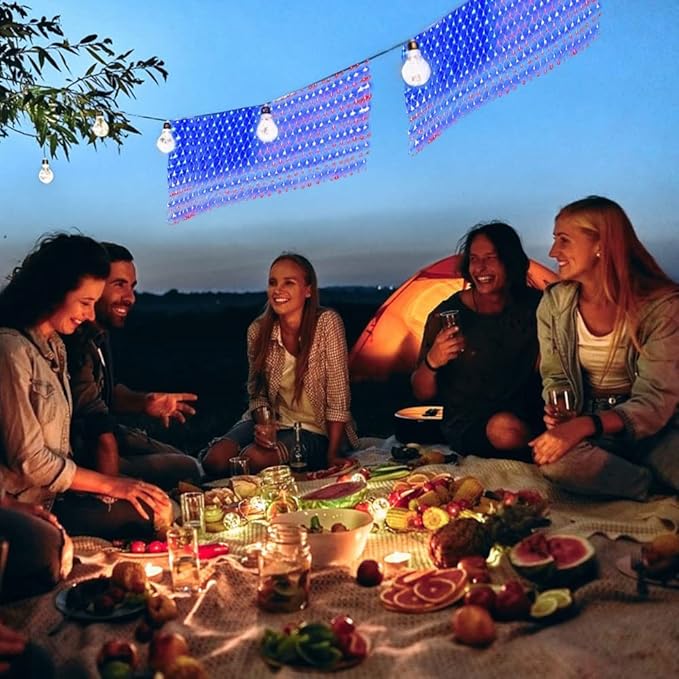 MUYUN American Flag Lights Solar Powered&Plug-in, 420LED Flag Net Light with Remote, 8 Modes Fairy String Light for Christmas Decorations Party Home Decor July 4th Independence Day