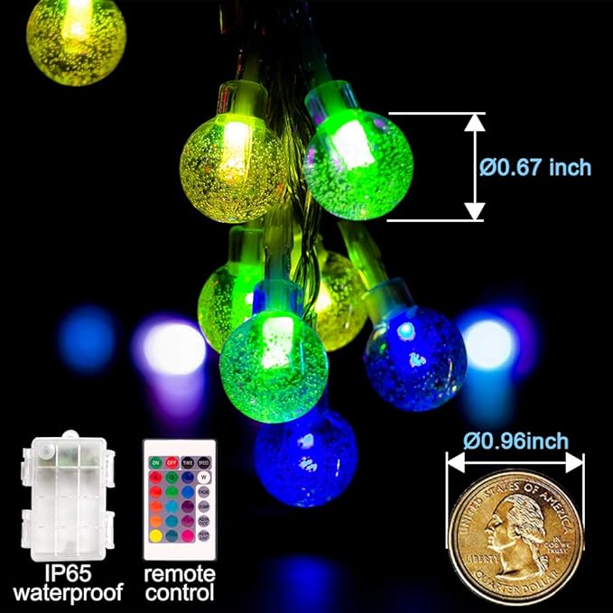 Coloured Globe String Lights Battery Operated,2 Pack 26.2FT 60 LED 16 Colour Changing Water Proof Crystal Ball Outdoor String Lights with Remote Control for Home, Patio,Party, Christmas, Garden Decor