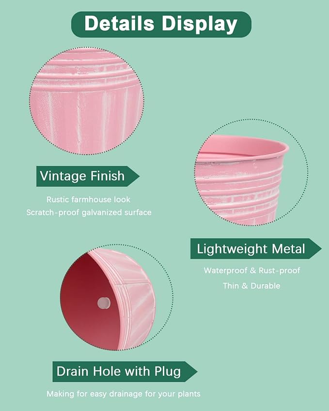 vensovo 5 Inches Pink Metal Rustic Flower Pots - 6 Pcs Small Galvanized Planters with Drainage Hole and Rubber Plug, Rustproof Tin Bucket Plant Pot Farmhouse Vintage Style for Decor