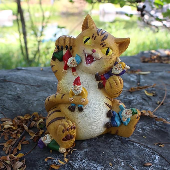 Garden Cat Decor Statue Figure Cat Eating Gnomes Statues for Outdoor Cat Gifts for Mom Patio Lawn Yard Decor (Fat cat)