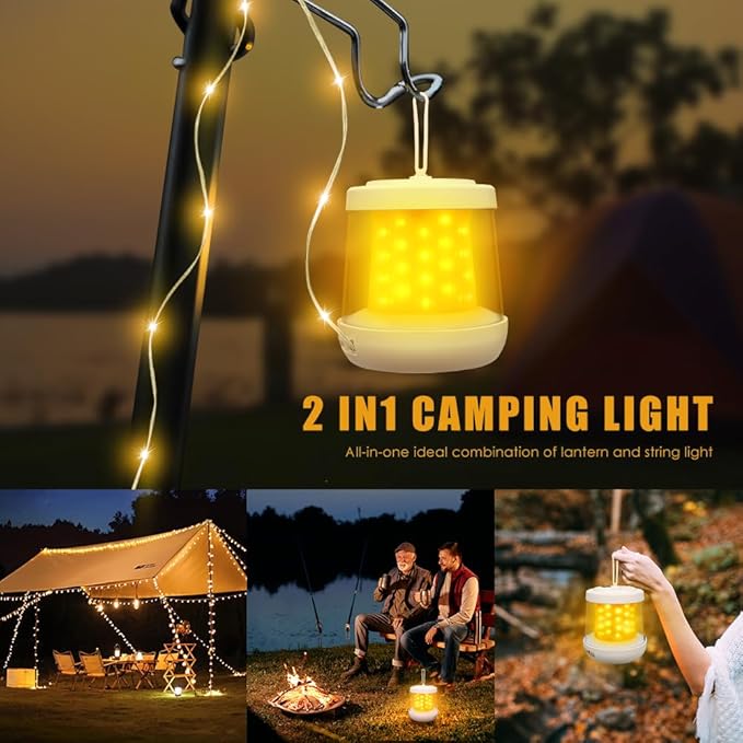 UniqueFire Portable 2 in 1 Camping Lantern,Camping String Lights Outdoor,Rechargeable LED Tent Lantern with Warm String Lights for Camping, Party, Garden and Yard Outdoor Decoration