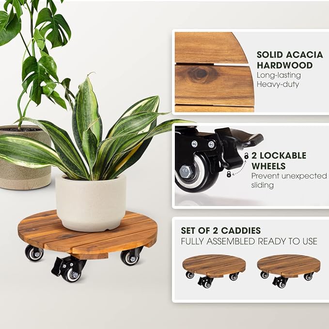 Idzo 2pack 12inches Wood Plant Caddy with Wheels Heavy Duty, 264 Lbs Capacity, Acacia Hardwood Plant Dolly, Plant Stand with 360° Lockable Wheels for Plant Pots, Heavy Objects Hauling - Natural Wood