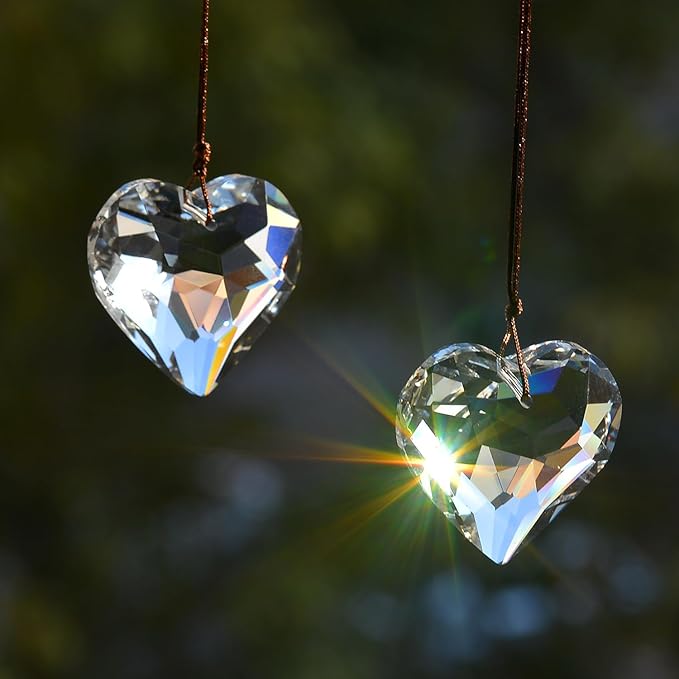 2PCS Heart Crystal Sun Catcher Prisms, STINO Hanging Suncatchers with Glass Prism Decor, Rainbow Maker for Windows, Room, Kitchen, Garden Crystal Decor (1, Heart Clear 2Pcs)
