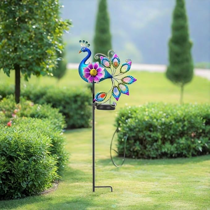 Solar Peacock Statue, Garden Metal Stake Lights Yard Decorations Outdoor,Perfect Peacock Gifts for Women, Ornaments,Mothers Day Ideal Gifts(Solar Peacock Flower )