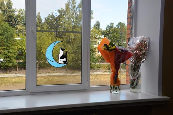 Black and White Cat Gifts,Cat Loss Sympathy Gift,Cat Memorial Gifts for Loss of Cat,Tuxedo cat Gifts,Cat Suncatcher,Stained Glass Cat Window Hanging