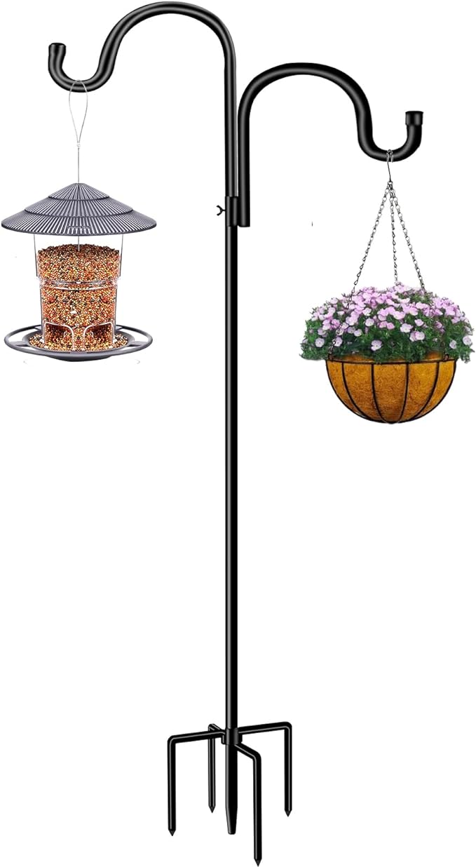 Double Shepherds Hook for Outdoor,94 Inch Bird Feeder Pole with 5 Prongs Base,Adjustable Heavy Duty Garden Hanging Holder for Hanging Plant,Solar Light,Weddings Decor,Hummingbird Feeder(1 Pack)