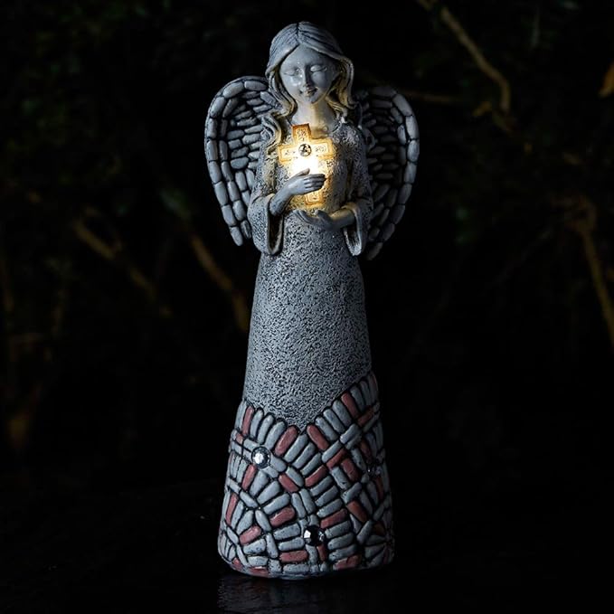 Angel Garden Statues Outdoor Solar Decor Gifts for Women Cross Praying for Cemetery Backyard Lawn Yard Decoration(10.24inch)
