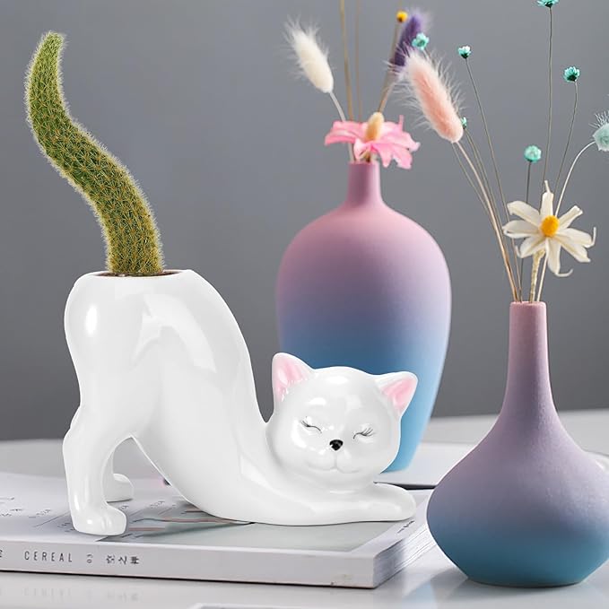 TOIVO Unique Cat Planter Pot,Indoor and Outdoor Plant Displays,Funny Ceramics Cat Flower Pot,Cat Gifts for Cat Lovers,Lovely Office Desk Room Home Decor (White, Small)