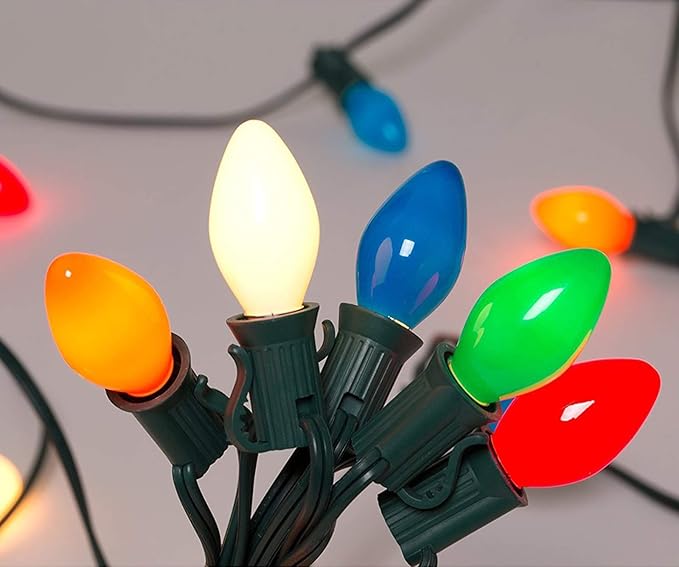 25Ft Multicolor Christmas Lights C7 Vintage Christmas String Lights with 27 Multicolor Ceramic Bulbs (2 Spare), Hanging Outdoor String Lights for Christmas Holiday Wedding Party Garden Decor- Green
