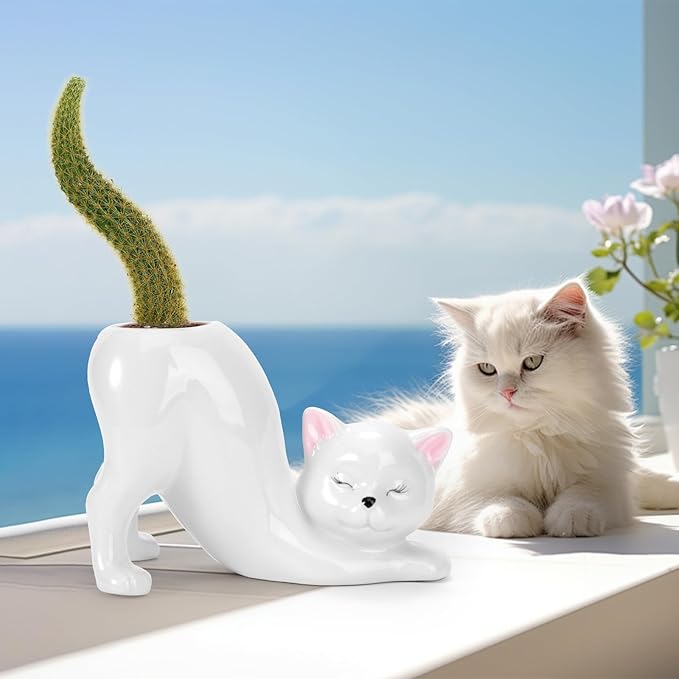 TOIVO Unique Cat Planter Pot,Indoor and Outdoor Plant Displays,Funny Ceramics Cat Flower Pot,Cat Gifts for Cat Lovers,Lovely Office Desk Room Home Decor (White, Small)