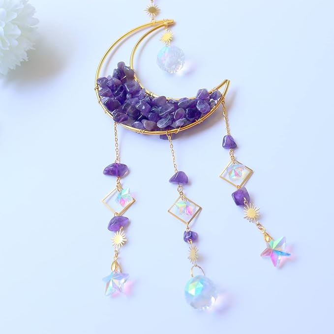 Amethyst Crystals Suncatcher - Hanging Moon Sun Catcher with Glass Prisms for Windows, Healing Amethyst Crystal Decor for Home, Gift for Christmas Birthday Valentine Mothers Day