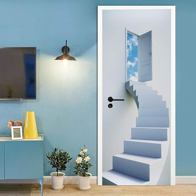 3D Door Stickers - Murals - Peel & Stick - Stairs - Blue - Modern - PVC - Waterproof - Removable - 37.4" x 82.7"