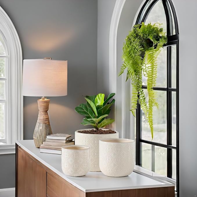 Docrin Ceramic Plant Pots Indoor:6.5+5.3+4 Inch Planters with Drainage Holes for Home/Office - Set of 3 / White