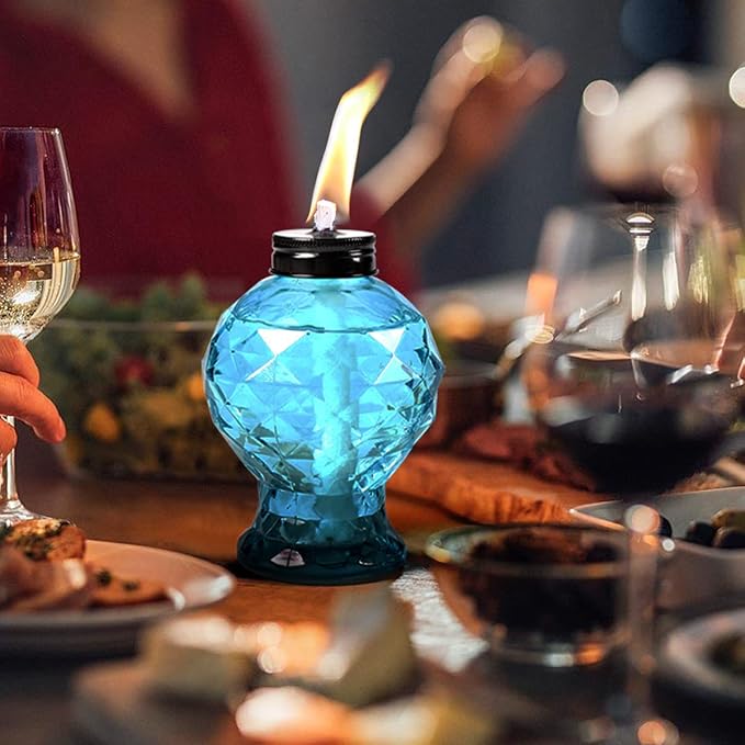 tewei 4 Pack Glass Table Top Light Torches for Outside, Easy to Refill Glass Citronella Torches Outdoor Lanterns, Wick and Cap Included Torch for Garden Patio Yard Party