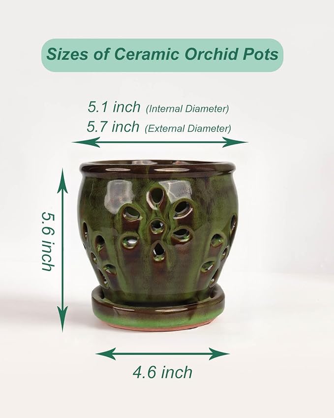 vensovo 5 Inch Ceramic Orchid Pots with Holes and Saucers - 1 Pcs Small Succulent Pot for Repotting, Garden Flowerpots for Plants Indoor and Outdoor Promotes Air Circulation, Yellow Mixed Brown
