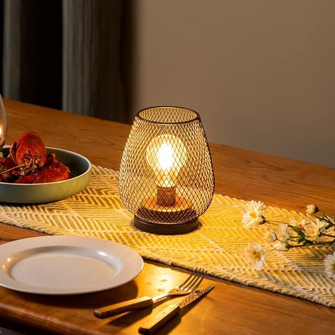 DECORKEY Set of 4 Battery Operated Lamp LED Table Lantern, Brown Metal Cage Cordless Lamps with LED Bulb,Vintage Decorative Outdoor Lantern for Weddings, Parties, Patio, Events for Indoors Shelf Decor