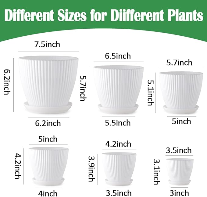 7.5/6.5/5.5/4.9/4.2/3.5 Inch Plant Pots, Plastic Flower Pots with Drainage Holes and Plate, Indoor/Outdoor Plant Planters with Different Size, 6 Pack Durable Pots for Plants, White