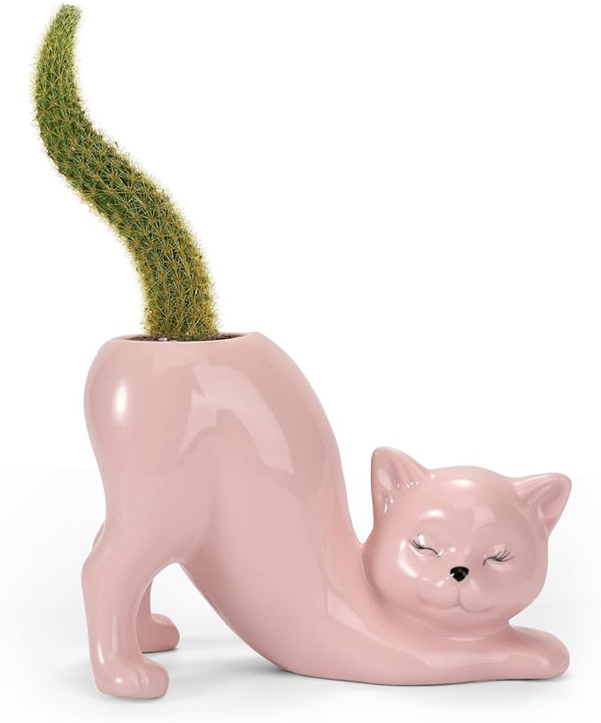 TOIVO Cat Planter Pot,Indoor and Outdoor Plant Displays,Funny Ceramics Cat Flower Pot,Cat Gifts for Cat Lovers,Lovely Office Desk Room Home Decor (Pink, Small)