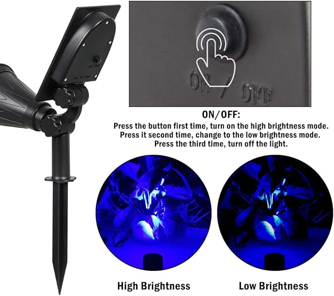 T-SUNUS Blue Solar Lights Outdoor Waterproof IP65, 2 Pack Garden Spotlights, Auto-on/Off Security Landscape Pond Spot Light 2 Modes for Halloween Christmas Tree Patio Garage Yard Driveway Pool Fence