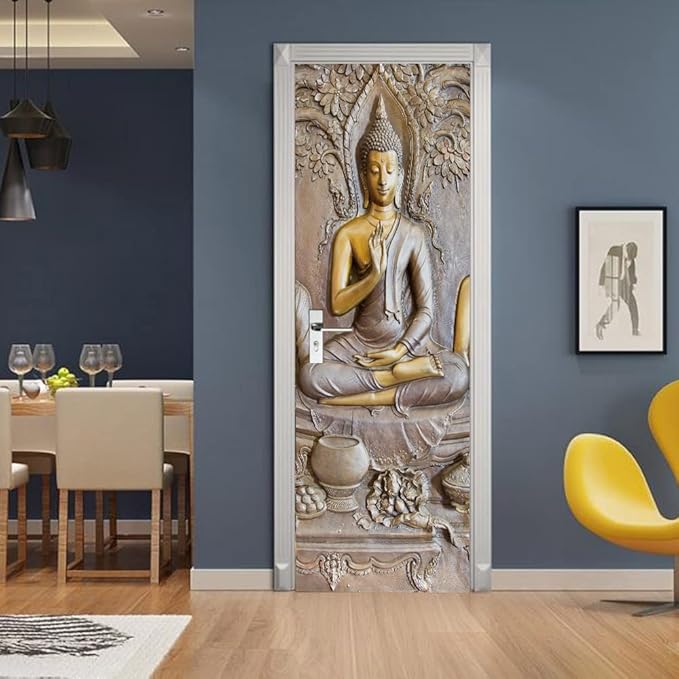 3D Door Stickers Murals - Buddha Statue - Peel and Stick - Waterproof & Washable - Matt Finish - Oriental Style - PVC Material - Door & Wall - 37.4" x 84.6"