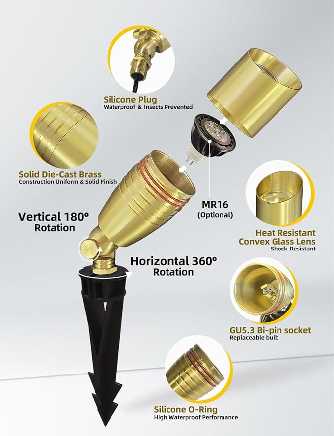 COLOER Die-cast Brass Landscape Spotlight 12-Pack with 5W Aluminum Housing LED MR16 Bulb,12V AC/DC Low Voltage Copper Outdoor Lighting, Directional Garden Patio Spot Up Light (102B Brass Finish)