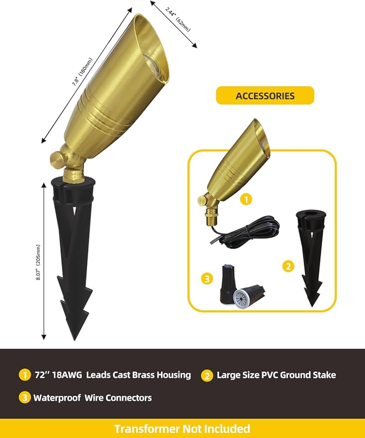 COLOER Die-cast Brass Landscape Spotlight 6-Pack Without Bulb,12V AC/DC Low Voltage Copper Outdoor Lighting with Ground Stake, Directional Garden Patio Spot Up Light (102B Brass Finish)
