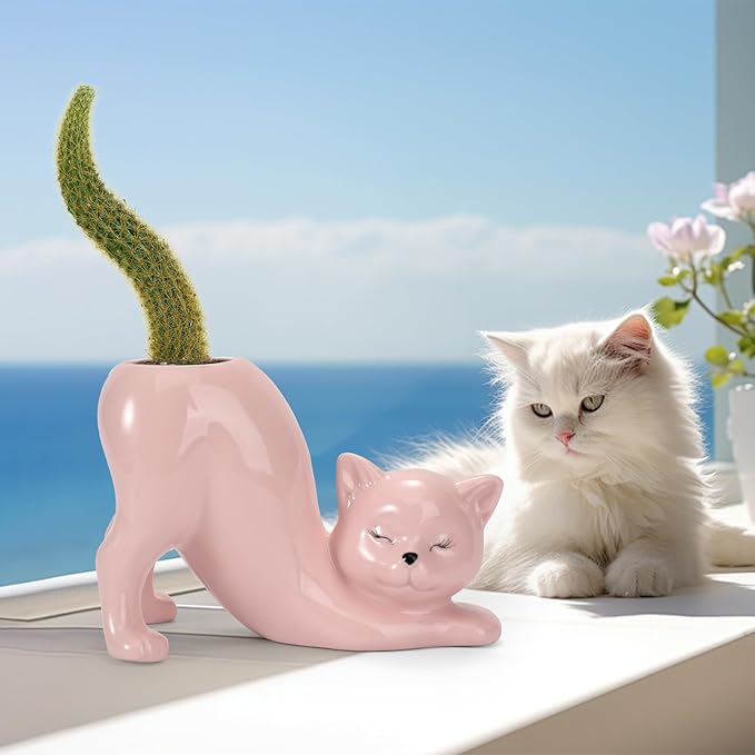 TOIVO Cat Planter Pot,Indoor and Outdoor Plant Displays,Funny Ceramics Cat Flower Pot,Cat Gifts for Cat Lovers,Lovely Office Desk Room Home Decor (Pink, Small)