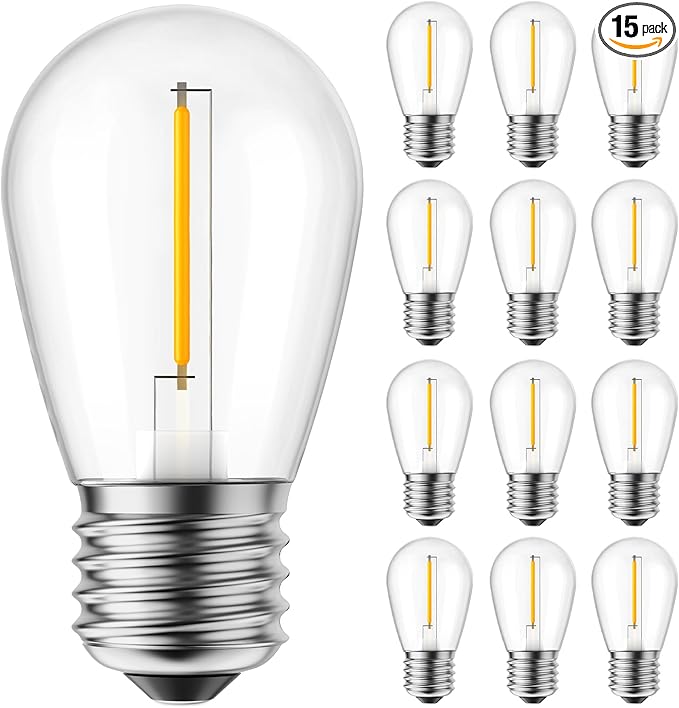 Moonflor S14 LED Light Bulbs 15 Pack 1W (Equivalent to 11 W) Shatterproof Replacement Bulbs with E26 Medium Base, Warm LED Bulbs for Outdoor Patio Garden Vintage String Lights