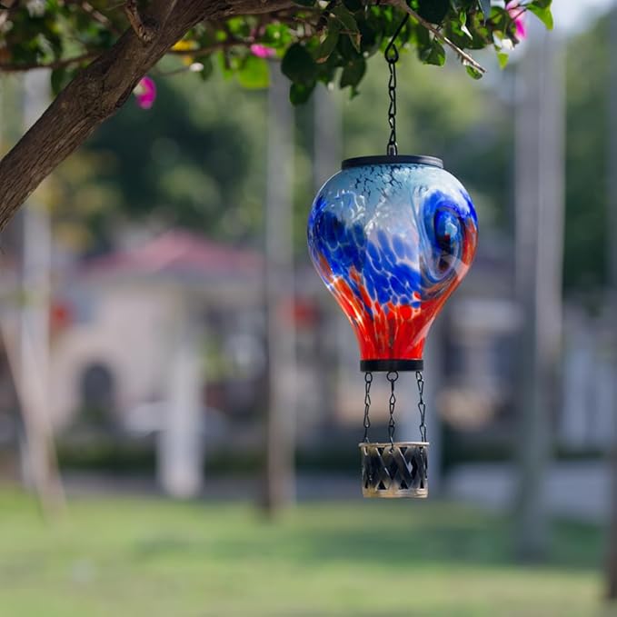 Starsoul Unique Hot Air Balloon Solar Lantern Glass Outdoor Hot Air Balloon Solar Flickering Flame Light Waterproof Hanging Solar Lantern with Big Basket for Garden Yard Patio Decor