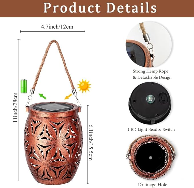 Solar Outdoor Lanterns with Floral Design,LED Garden Lights,Outdoor Solar Table Lantern Waterproof Brown Flower Hollowed,Table Lamp for Indoor/Outdoor Patio Porch Lawn Pathway Indoor