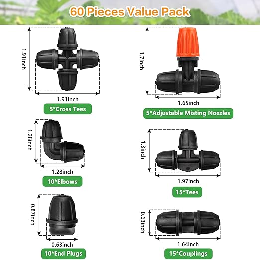 Upgraded 1/4" Drip Irrigation Fittings:60 Pieces Set-15 Couplings 15 Tees 5 Crosses 10 Elbows 10 End Plugs 5 Micro Dripper, Leak Free Barbed Locked Connectors for 1/4 Inch Irrigation Tubing