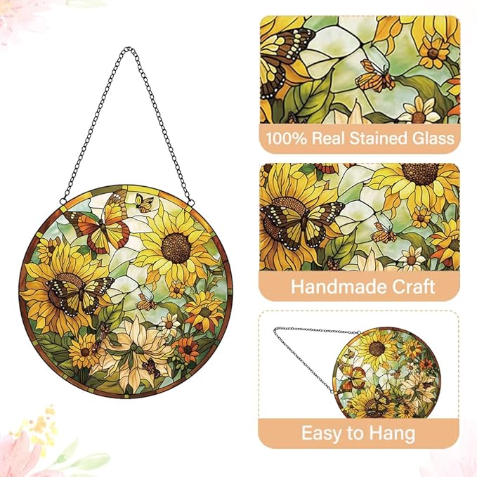 Sunflower Decor Suncatcher Stained Glass Window Hanging - Butterfly Stained Glass Suncatchers for Windows - Sun Catchers Indoor Window with Chain and Hook - Sunflower Gifts for Women Mom Teacher Gift