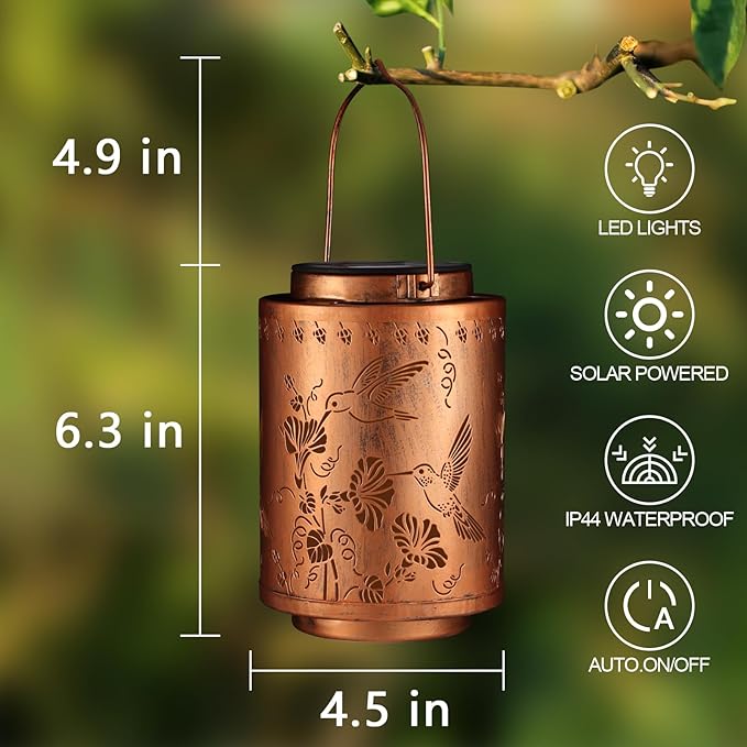 Solar Lanterns Outdoor Waterproof Mushroom Butterfly Garden Decor Gifts for Women Mon Grandma Metal Hanging Solar Lights Decoration for Outside LED Lanterns for Yard Patio Lawn Pathway(Hummingbirds)