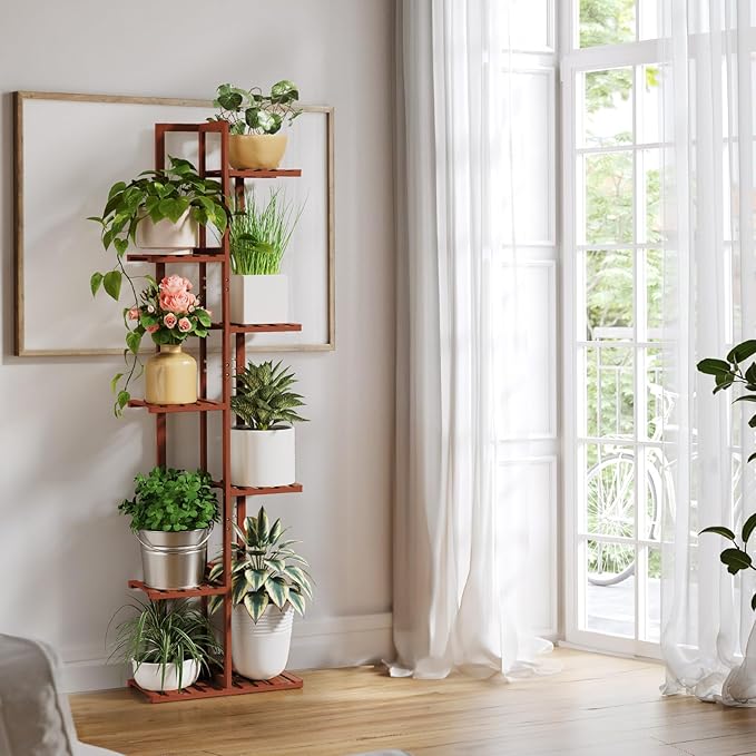 ROSSNY Plant Stand Indoor, 7 Tier 8 Potted Bamboo Plant Stands for Indoor Plants, Corner Plant Stand, Tiered Plant Stands, Plant Shelf For Indoor, 55 Inch Tall Planter Holder for Multiple Plants Indoor, Brown