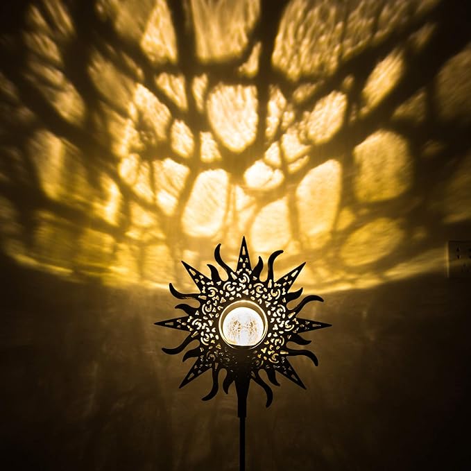 HOMEIMPRO Large Sun Solar Garden Decor Lights Outdoor Garden Gifts Mom Dad, Crackle Glass Metal Stake,Yard Decorations, Waterproof LED Lights for Lawn Patio Ornaments, Mothers Day Gifts for Women