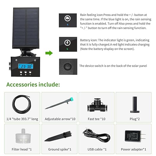 Solar Drip Irrigation System, Automatic Irrigation System for Outdoor Gardening,2200mA Battery and rain Sensing Function,for courtyards, Balconies, Gardens, 10 Potted Plants