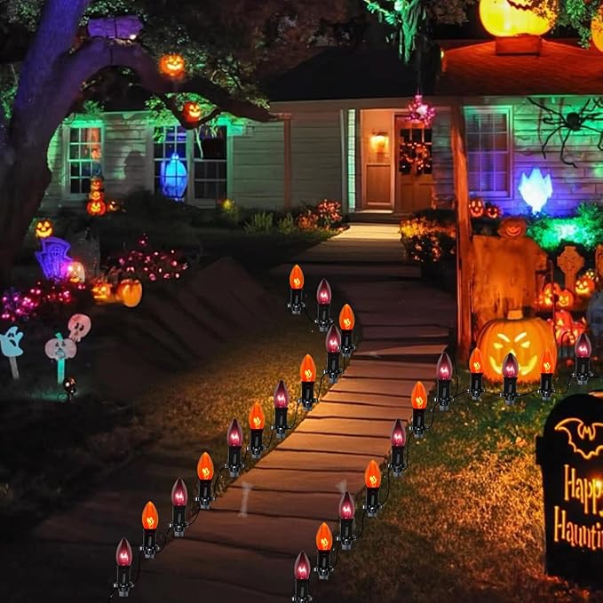 Goothy C9 Halloween Pathway Lights Outdoor, 19.5Ft Orange Black Marker String with 10 Stakes, Connectable Walkway Waterproof for Lawn Yard Sidewalk Garden Decor