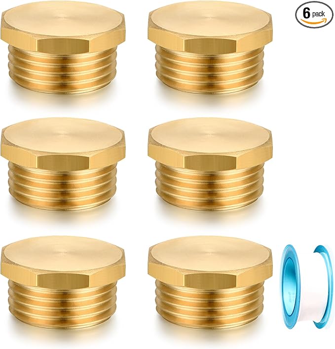 3/4" GHT Male Brass Pipe Plug Outer Garden Hose Male Threaded End Cap Plug Garden Irrigation Pipe Fittings Water Tubing Stopper (6 PCS)