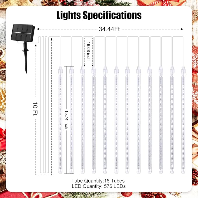 Purple Solar Christmas Lights, 576 LED Solar Meteor Shower Lights with 16 Tubes, Icicle Fairy String Lights for Christmas Decorations Tree Party Yard, Purple