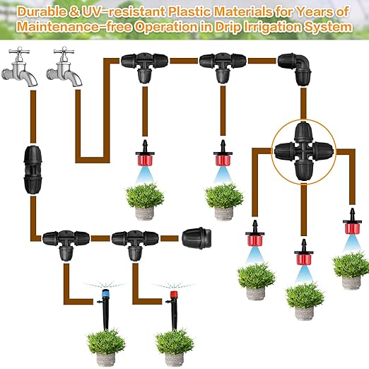 Upgraded 1/4" Drip Irrigation Cross Fittings:24 Pieces Leak Free Lock Barbed 4 Way Tee Connectors for 1/4 Inch Irrigation Tubing Quick Connect Parts for Garden Landscape System
