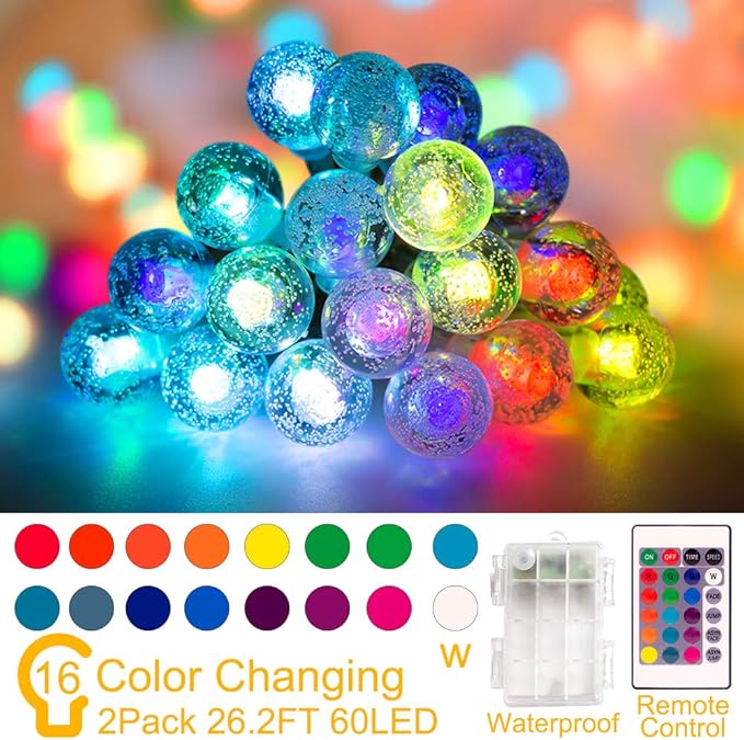 Coloured Globe String Lights Battery Operated,2 Pack 26.2FT 60 LED 16 Colour Changing Water Proof Crystal Ball Outdoor String Lights with Remote Control for Home, Patio,Party, Christmas, Garden Decor