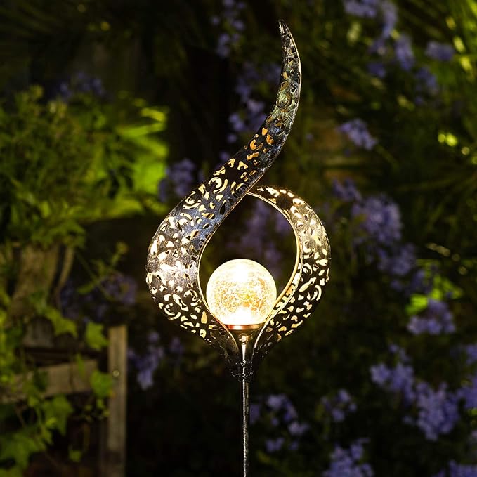 HOMEIMPRO Outdoor Garden Solar Lights Stake,Crackle Glass Globe,Metal Flower Waterproof LED Fairy Lights for Pathway,Lawn,Patio or Courtyard,Gardening Gift (Bronze)