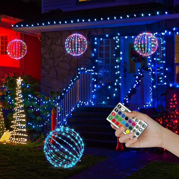 Christmas Ball Light Sphere, 10IN 48LED Hanging Tree Light and Pathway Lights with Hook and Stake, Foldable Metal Frame Light Ball for Outdoor Garden, UL Listed, Brown Frame, RGB